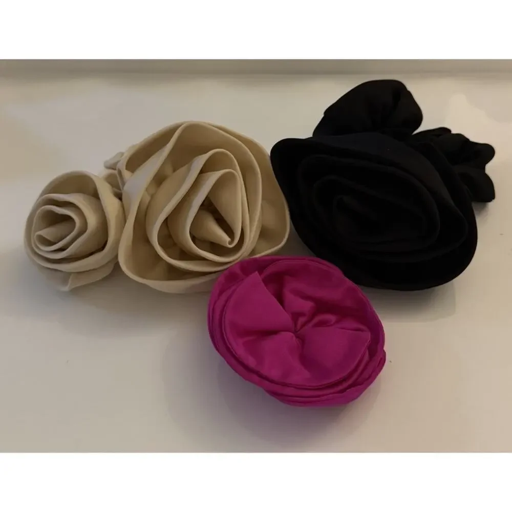 NWOT 3 Satin Schrunchies with Rosettes in Black, Cream & Pink by Zara & J Crew
